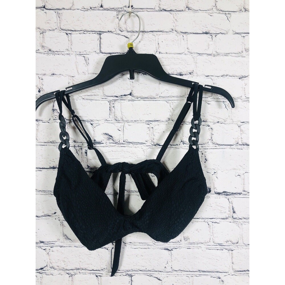 Robin Piccone Women Black Textured Bikini Top Chain Link Strap Tie Back Size M